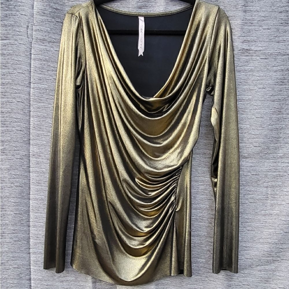 Bailey 44 Women's Ruched Front Gold Metallic Long Sleeve Top